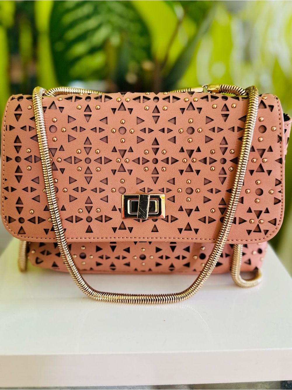 Steve Madden Blush Pink Laser-Cut Crossbody with Gold Chain - Picture 3 of 5